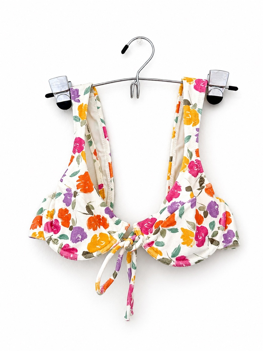Floral Tie-Front Swim Bikini Top in White and Multicolor